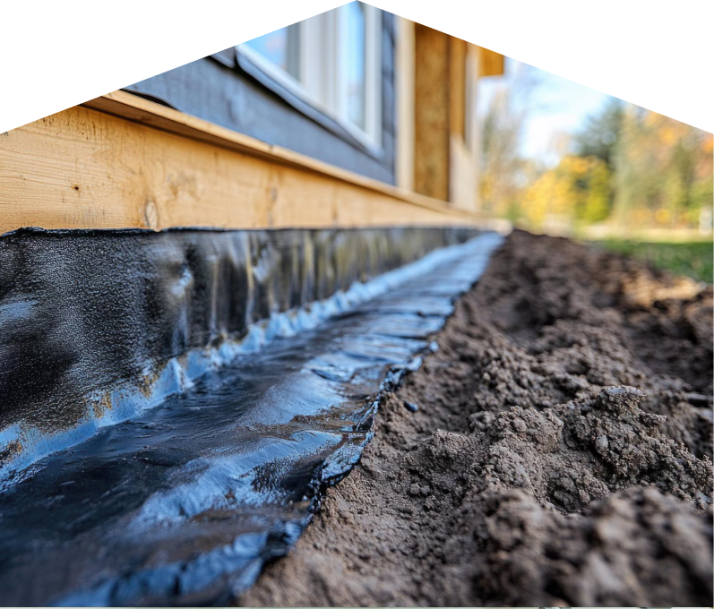 Exterior waterproofing completed by Francis, with a membrane sealing the lower foundation wall and a trench prepared for drainage installation. Exterior waterproofing completed by Francis, with a membrane sealing the lower foundation wall and a trench prepared for drainage installation.