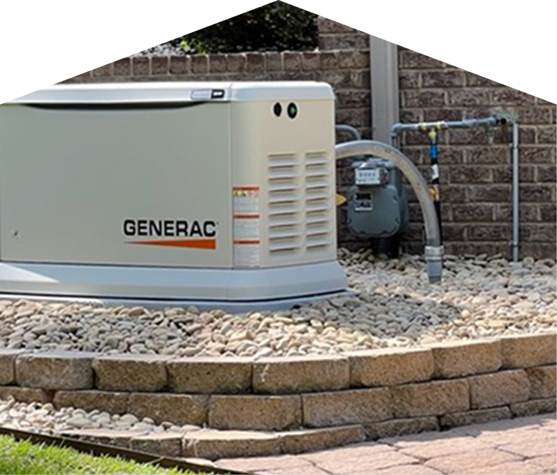 Generac standby generator installed by Francis on a raised stone platform beside a brick wall, connected to a natural gas meter for backup power supply. Generac standby generator installed by Francis on a raised stone platform beside a brick wall, connected to a natural gas meter for backup power supply.