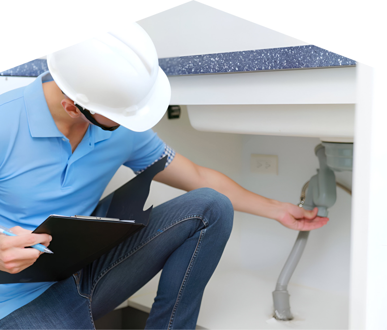 Francis plumbing specialist wearing a white hard hat, blue polo, and jeans, holding a clipboard while inspecting pipes under a sink for a water leak detection check. Francis plumbing specialist wearing a white hard hat, blue polo, and jeans, holding a clipboard while inspecting pipes under a sink for a water leak detection check.